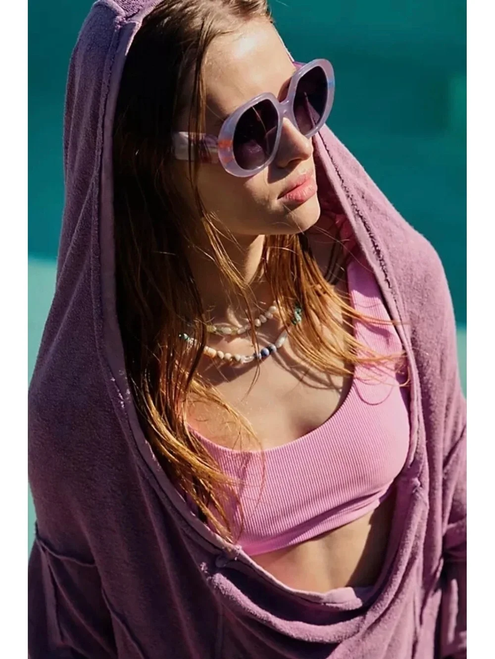 Free People Oversized Lavender Hooded Terry Cloth Cover Up Dress